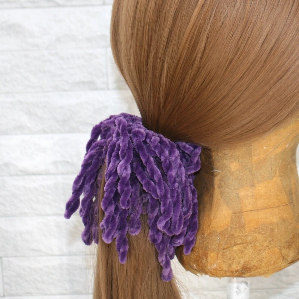 HAND CRAFTED Hair Scrunchie Fringe Crochet Kids Chenille Velvet Oversized Purple
